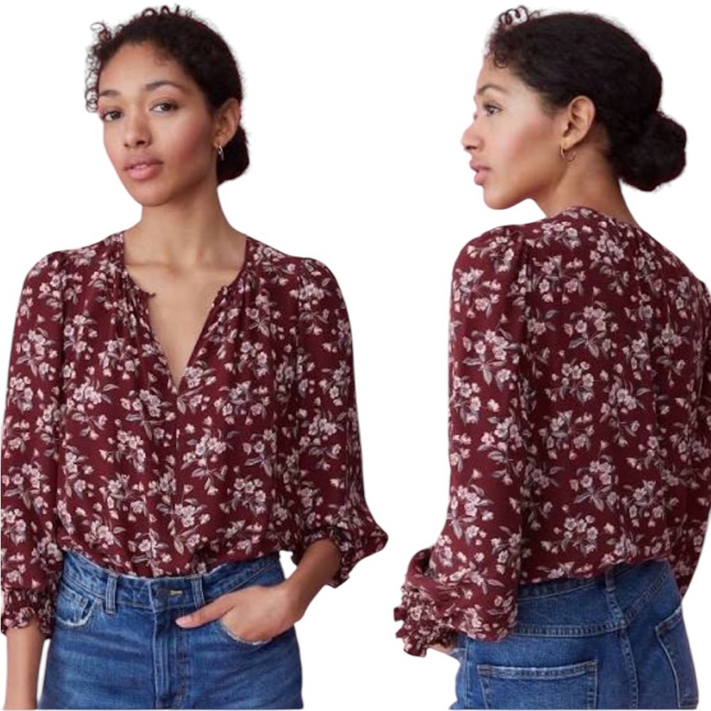 REBECCA TAYLOR TILDA MAROON FLORAL LONG SLEEVE SILK BLOUSE TOP